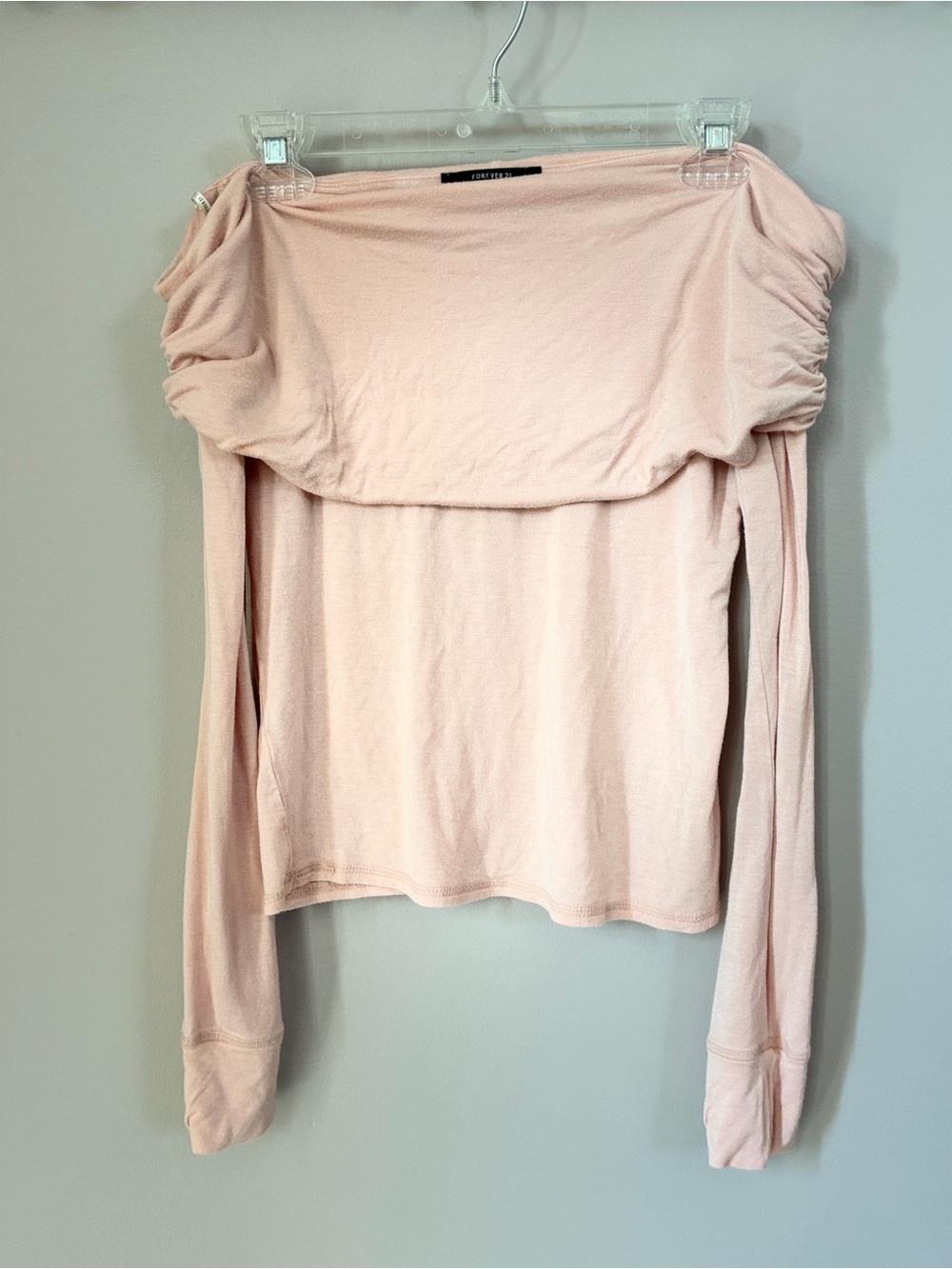 🌸 Forever 21 Blush Pink Off-Shoulder Ruched Sleeve Top – Size L